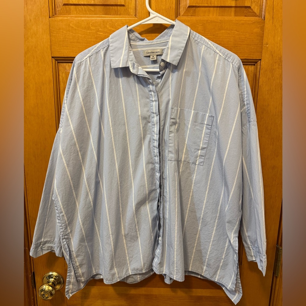 Calvin Klein women Blue and White Striped Button-Down Shirt